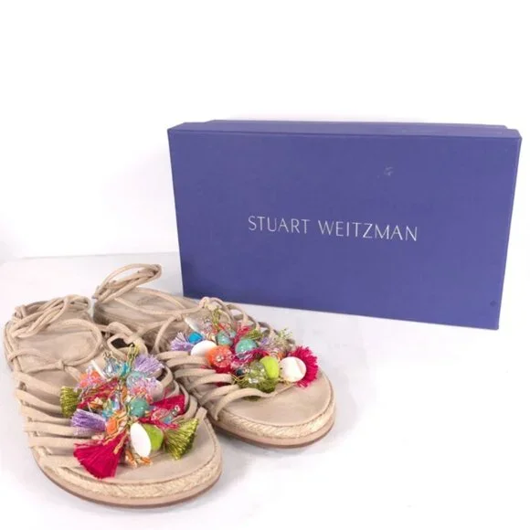 Stuart Weitzman Flats Noodles Beach Suede Embellished Lace Up Slide Size 9